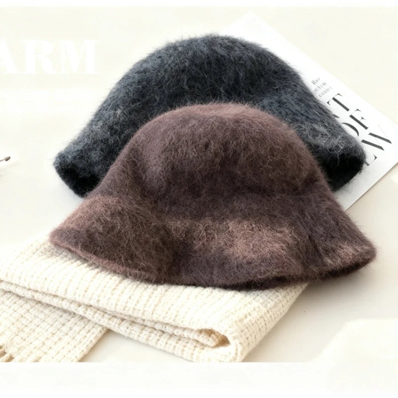 Angola Long Rabbit Fur Bucket Hat - Warm Winter Beanie for Women 0