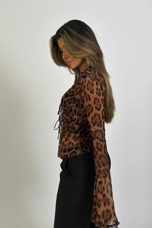 Sheer V-Neck Leopard Print Womens Blouse - Long Sleeve Slim Fit Top 2