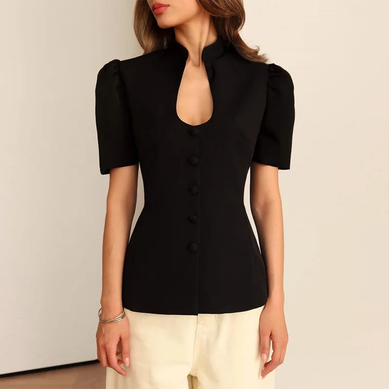 Women's Black Blazer - Fashion Solid Stand Collar Slim Fit Casual Lantern Sleeve Jacket 6