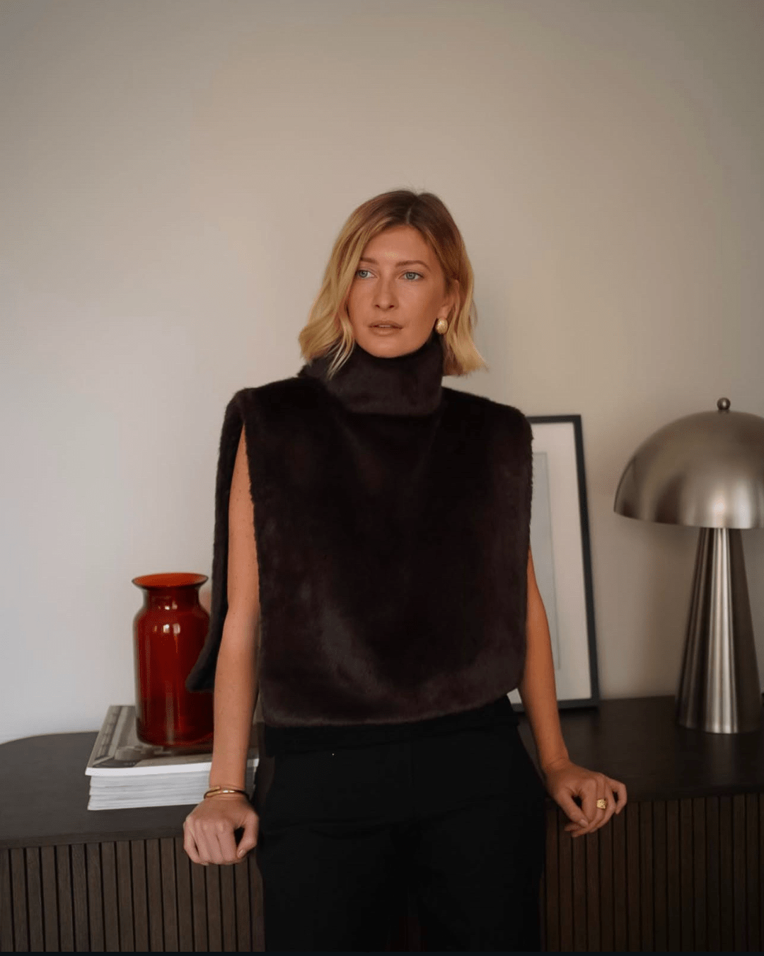 Women's Black Faux Fur Turtleneck Vest - Stylish Asymmetrical Layering Piece 3