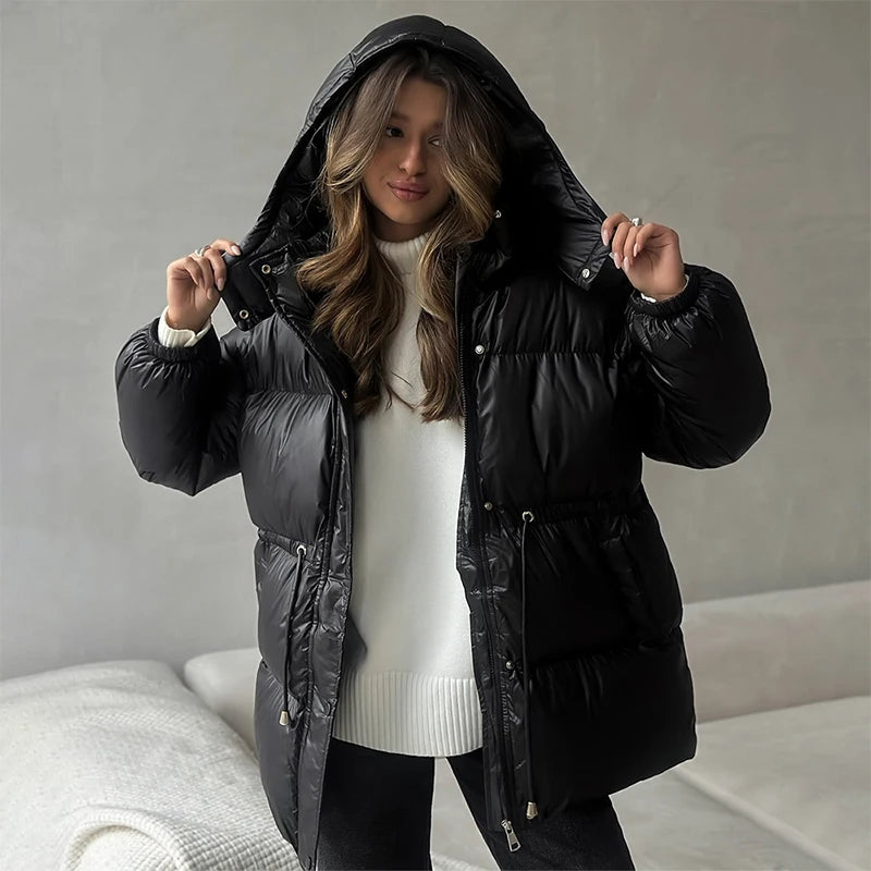 Women's Black Puffer Jacket - Hooded Down Winter Coat with Drawstring Waist 1