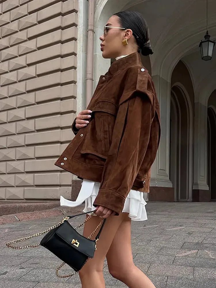 SOERA Mila Wide Shoulder Faux Suede Jacket - Jackets - SOERA-278211-M-BROWN-04515 Brown M