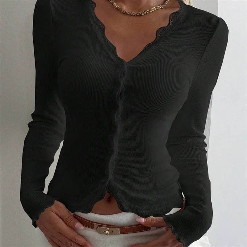 SOERA Roxana Ribbed Lace Trim V - Neck Blouse - Blouse - Black S