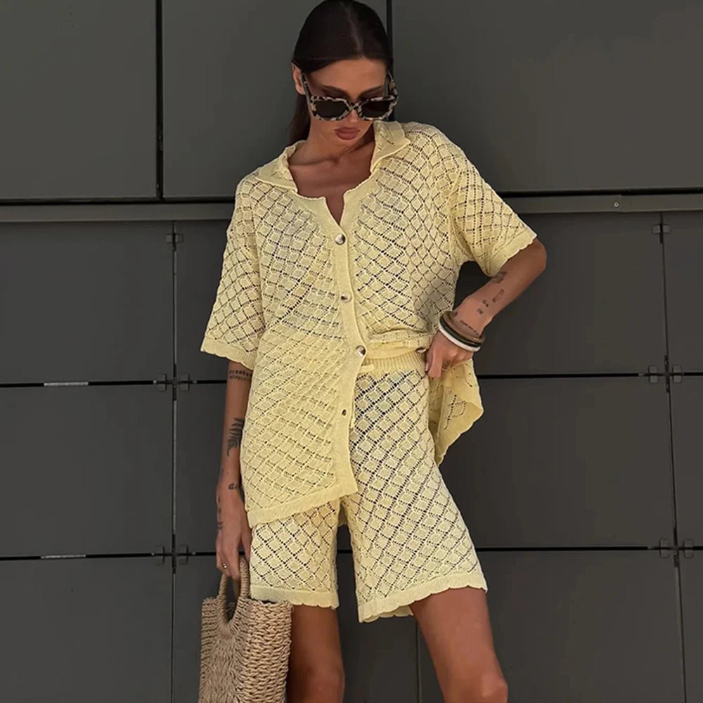 SOERA Selene Knit Cardigan Shorts Set - Cardigan - Yellow M