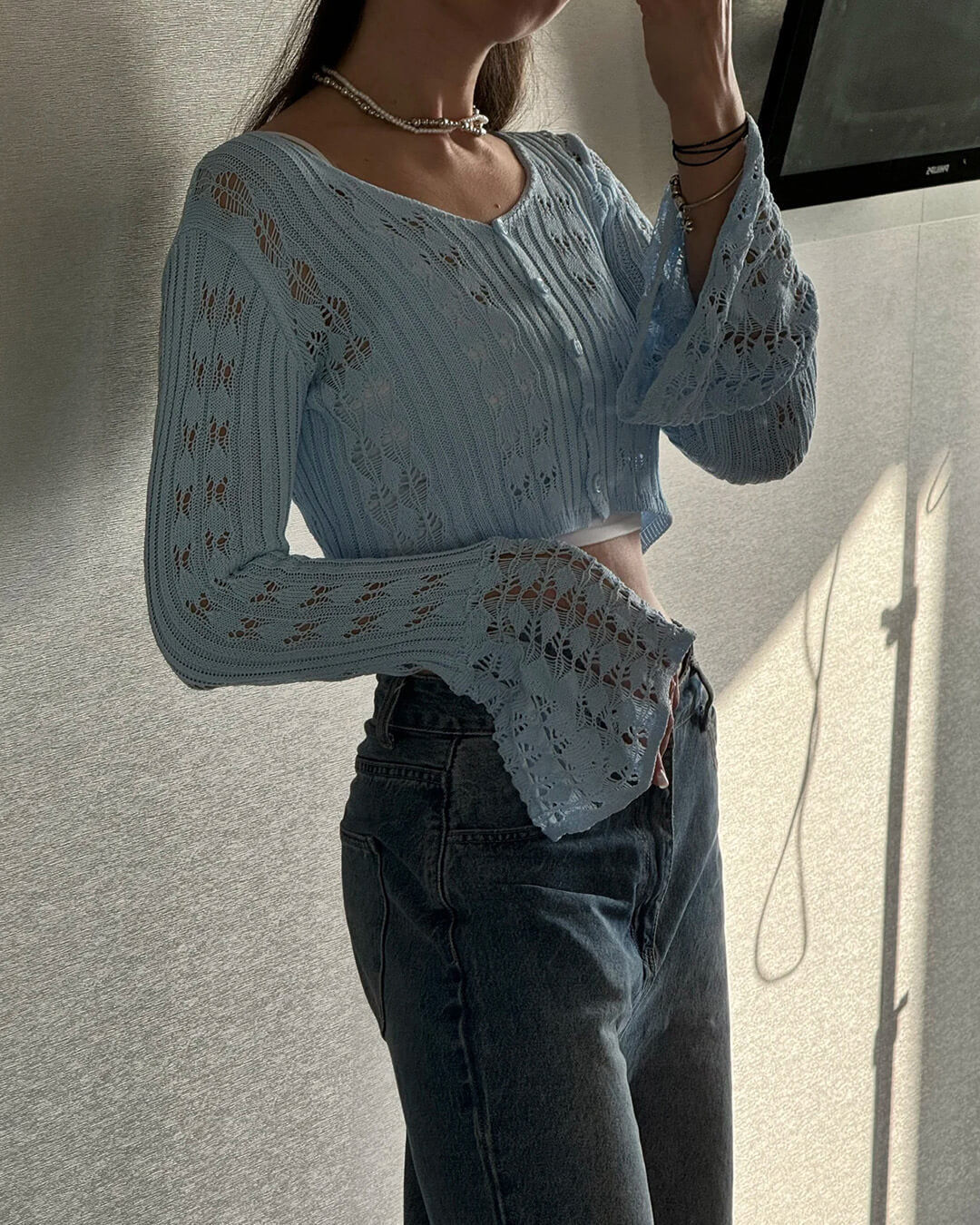 SOERA Ivana Hollow Out Knitted Cardigan - Cardigans - fR1771188465070687166 Blue M