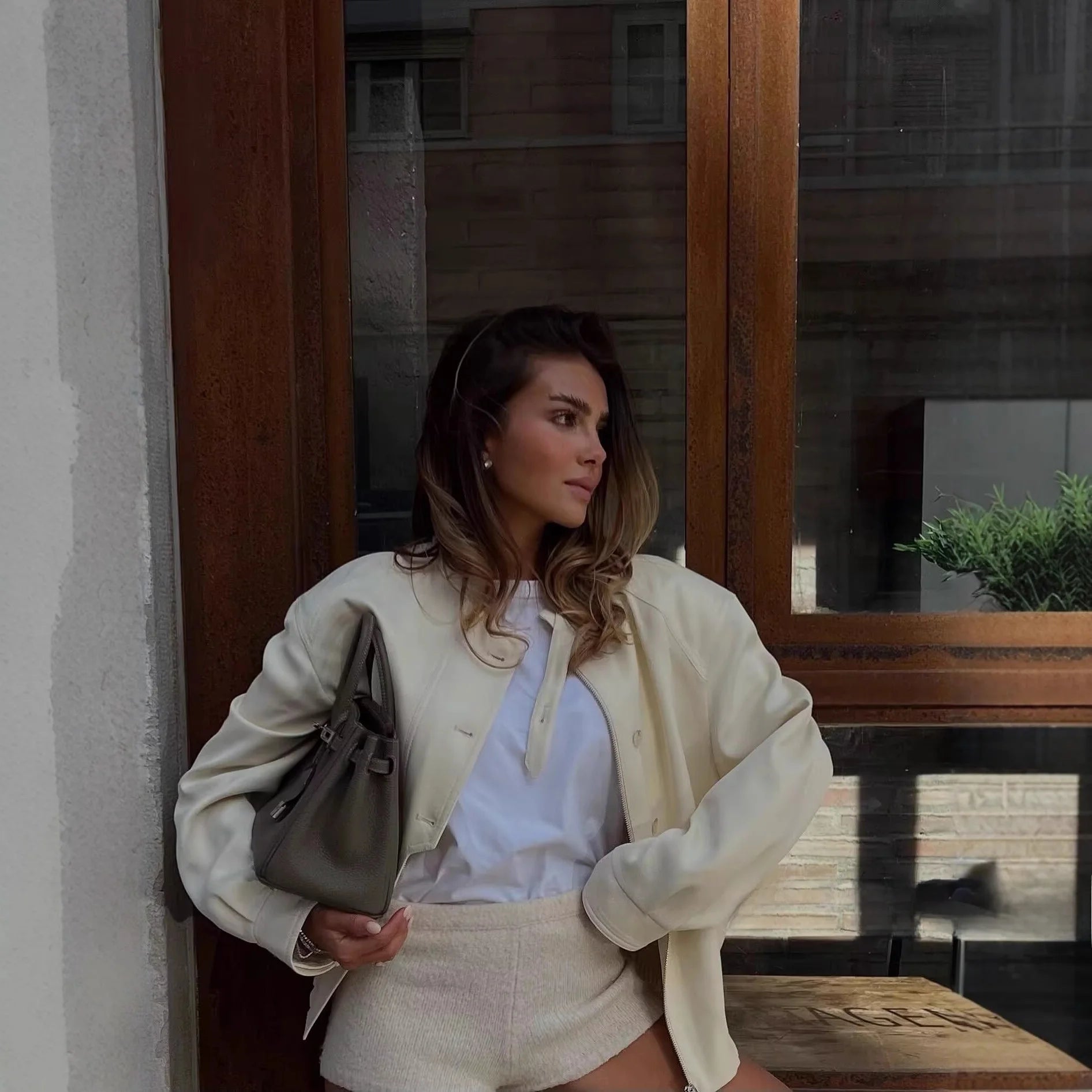 SOERA Beatrice Stand Collar Jacket with Button Details - Coats & Jackets - Beige S