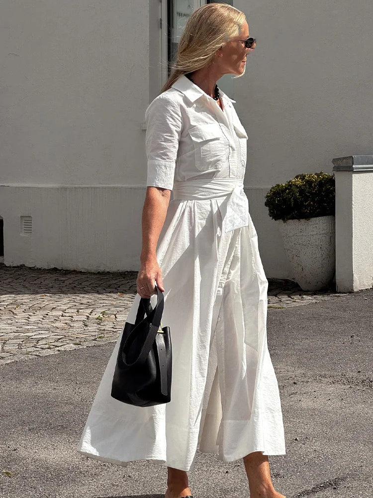 SOERA Ariane Belted Shirt Midi Dress - Dress - White L