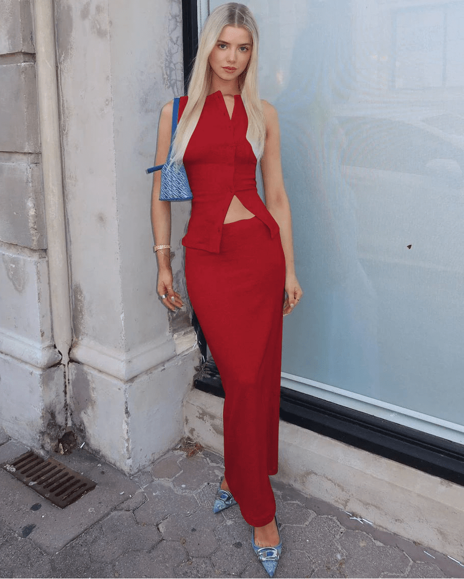 SOERA Beatrice Ribbed Single - Breasted Top & Maxi Skirt Set - Dress - Red XS