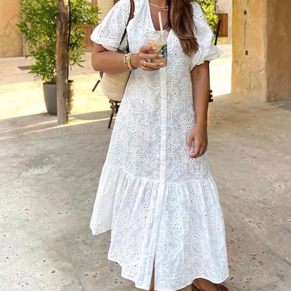 SOERA Beatrice V - Neck Embroidered Maxi Dress - Dress - White S