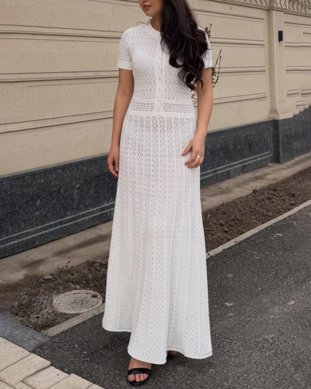 SOERA Celeste Half Button Knitted Midi Dress - Dress - White XS