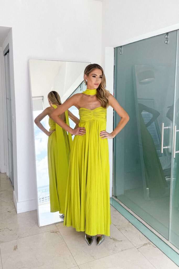 SOERA Diana Halter Ruched Maxi Dress with Scarf - Dress - SOERA-795907-LIM-L-75971 Lime Yellow L