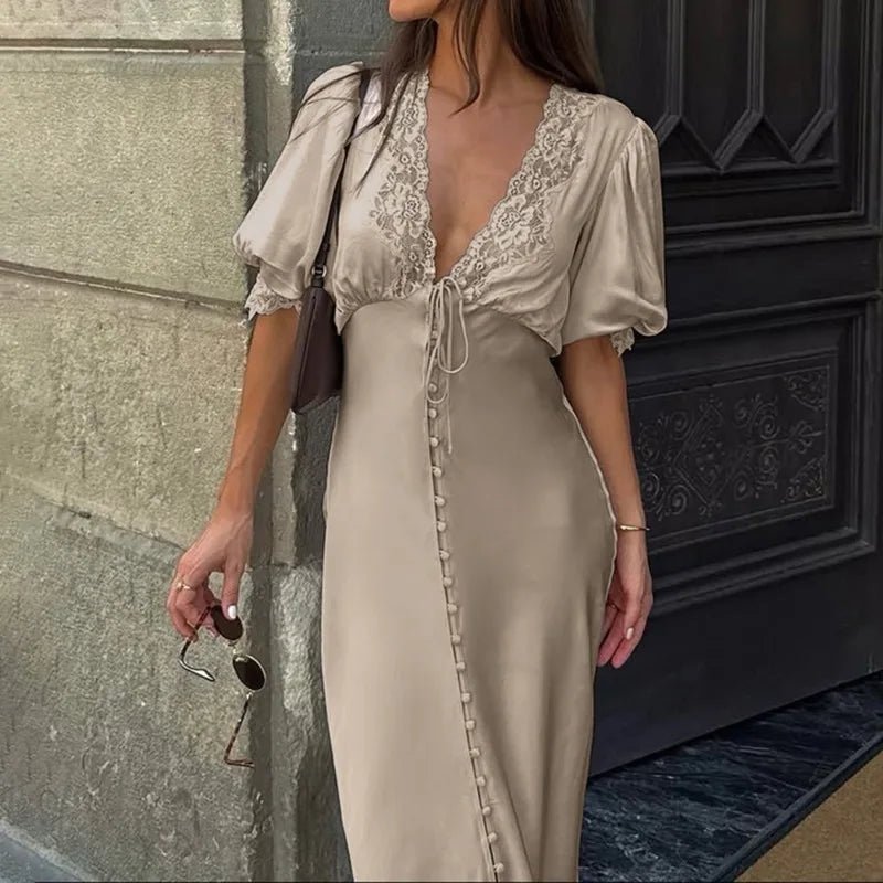 SOERA Micaela Puff Sleeve Lace-Up Maxi Dress - Dress - SOERA-307139-KHA-M-34595 Taupe M