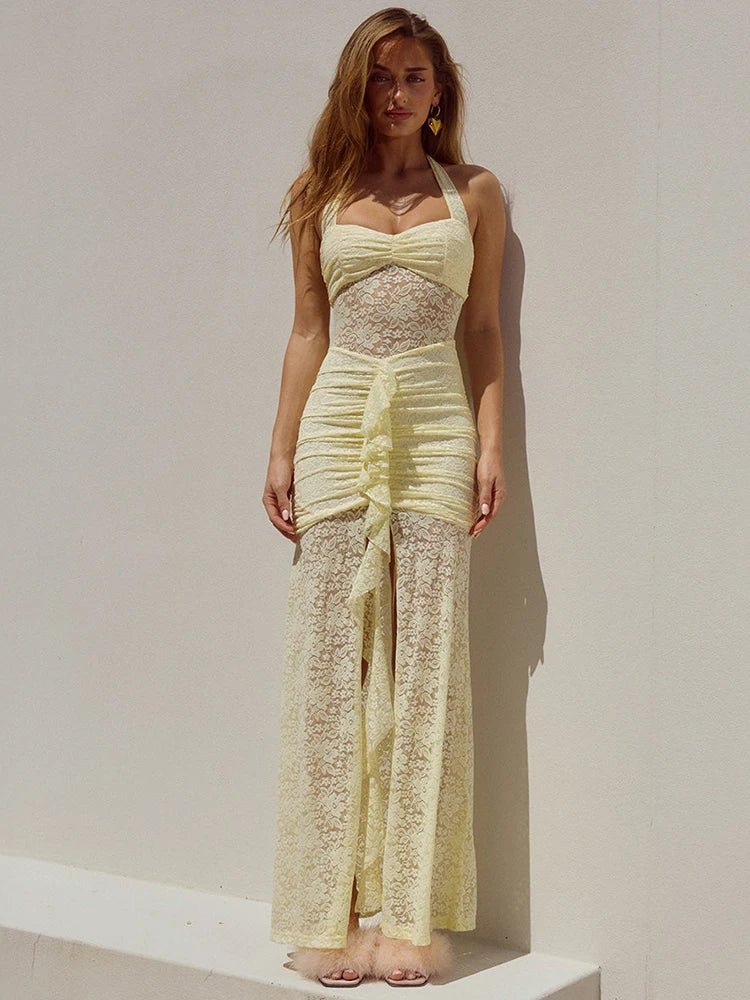 SOERA Selene Lace Draped Halter Maxi Dress - Dress - Yellow S