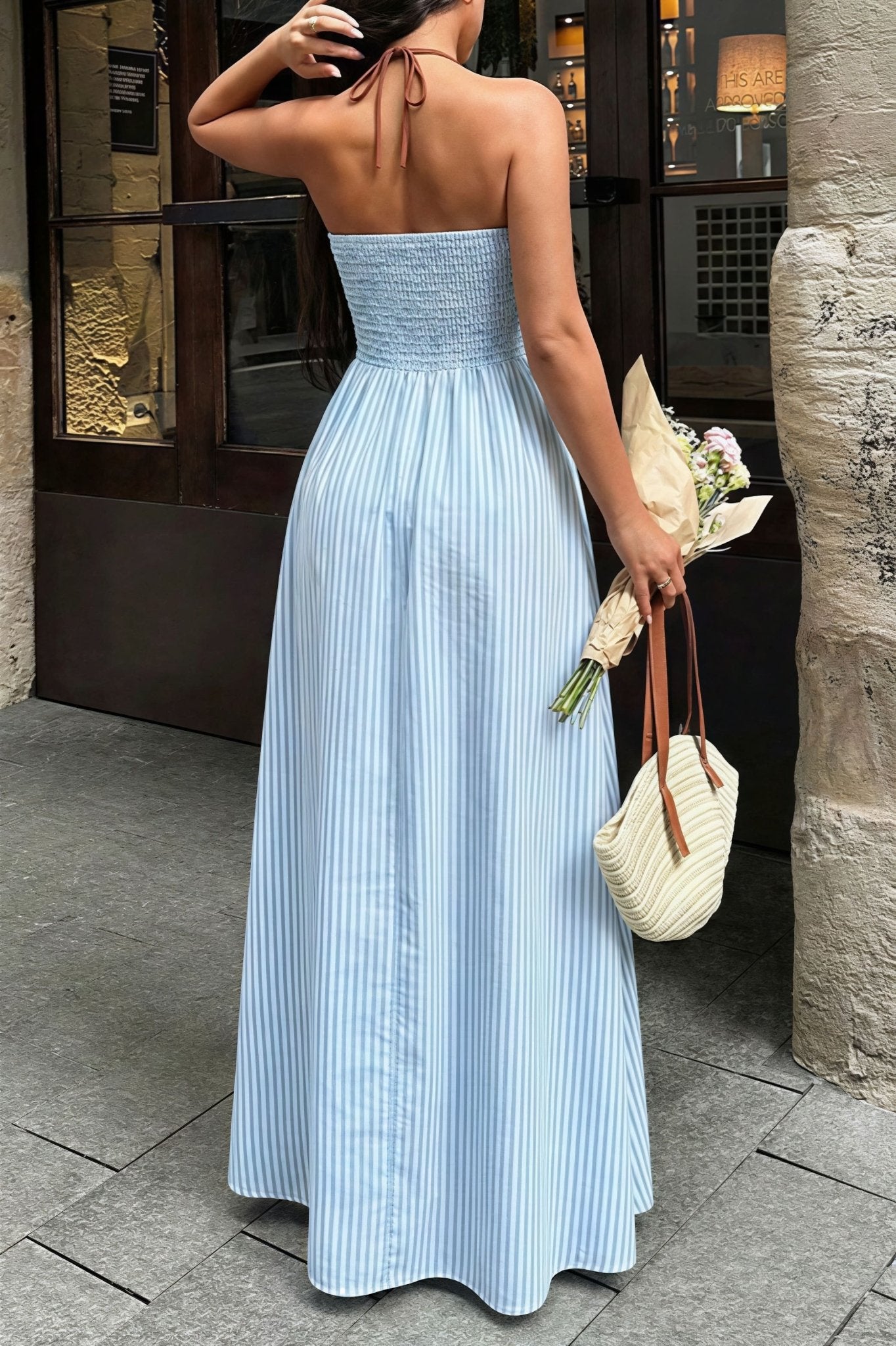 SOERA Sevilla Striped Deep V - Neck Maxi Dress - Dress - Light Blue M