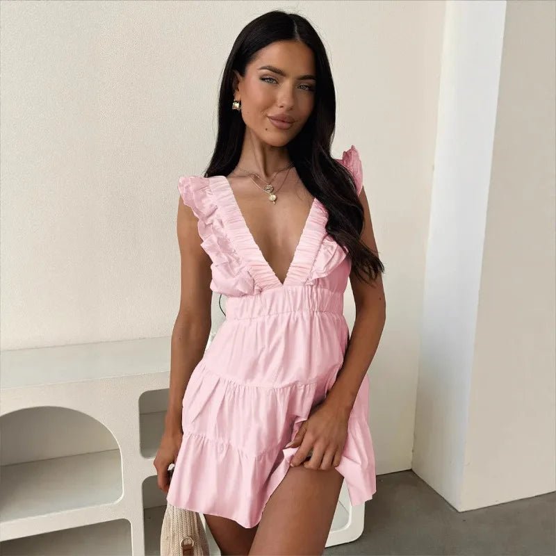 SOERA Zelia V - Neck Ruffle Sleeveless Dress - Dress - Pink XS