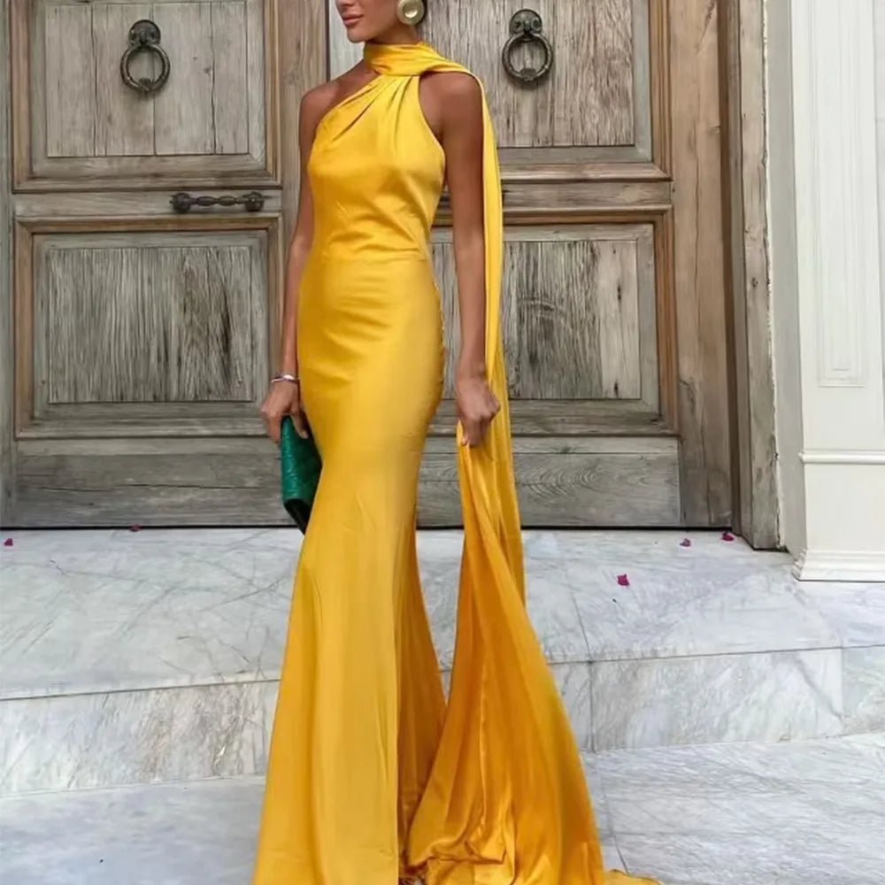 SOERA Beatrice Halter Backless Silk Satin Maxi Dress - Dresses - Yellow S