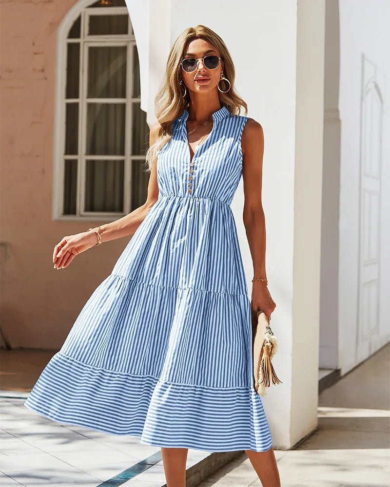 SOERA Bianca Striped V-Neck Sleeveless Shirt Dress - Dresses - Blue S