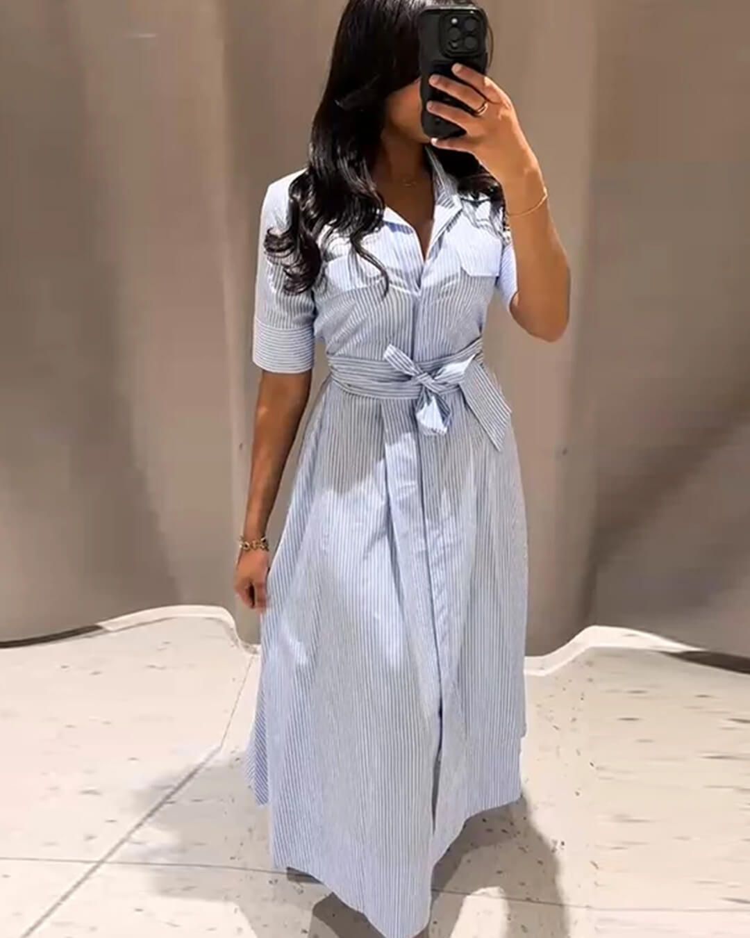SOERA Katniss Striped Lace - Up Collar Maxi Dress - Dresses - Blue M