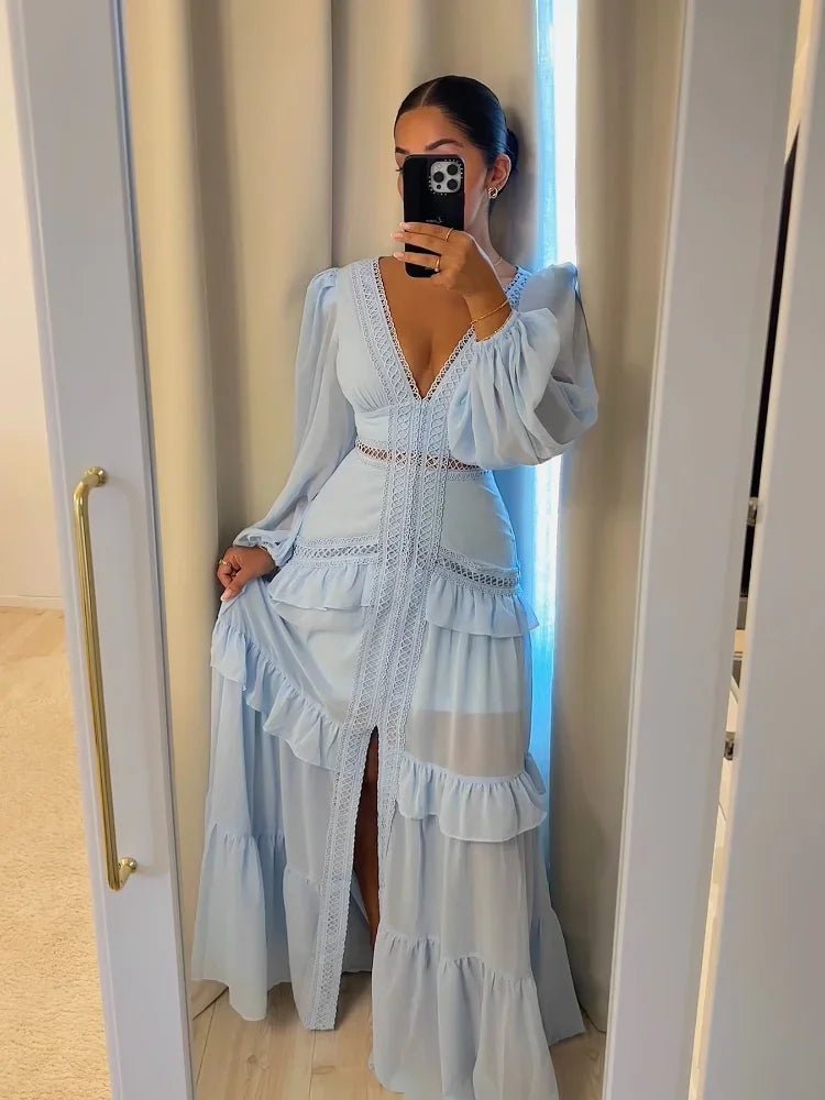 SOERA Molly Deep V-Neck Ruffle Maxi Dress - Dresses - Light Blue S
