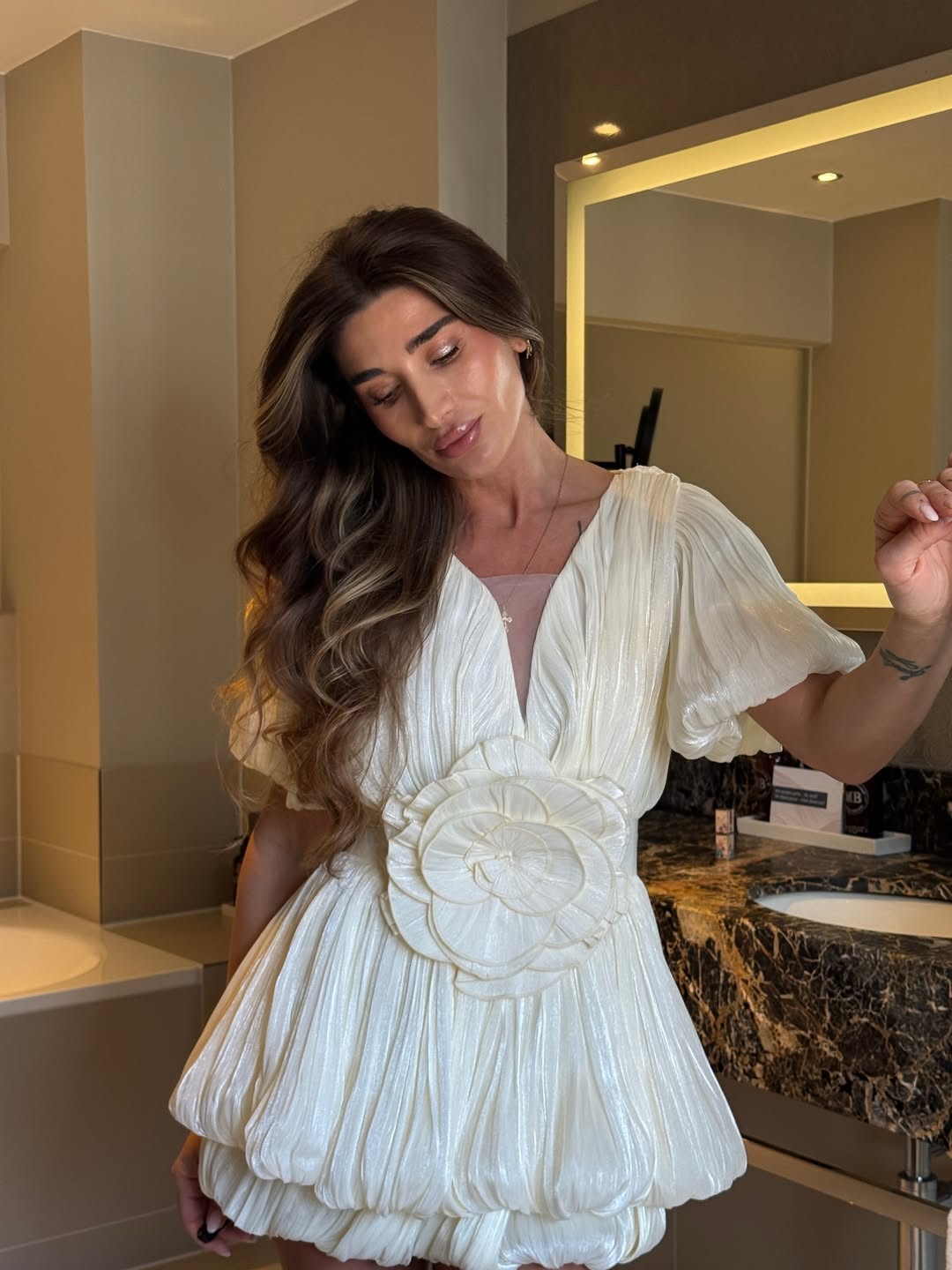 SOERA Rosette Puff Sleeve Bubble Hem Mini Dress - Dresses - Ivory S