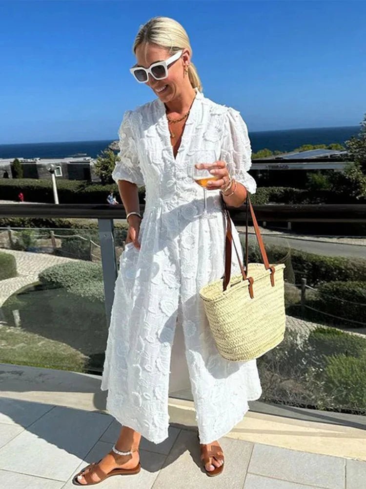 SOERA Wendy Embroidered Lace V-Neck Midi Dress - Dresses - White L