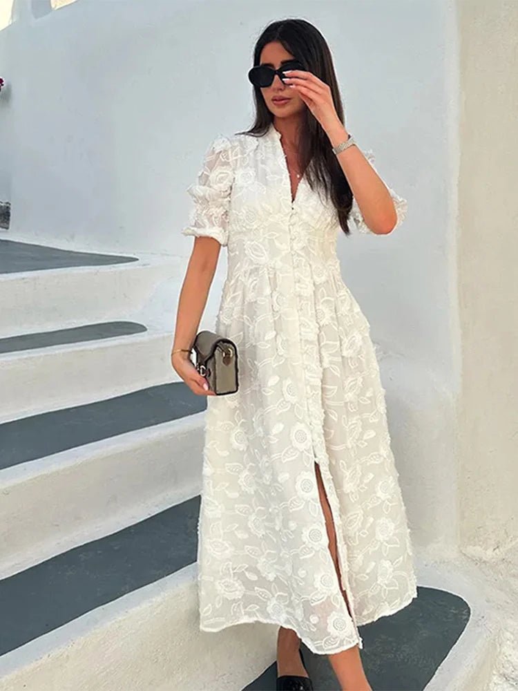 SOERA Wendy Embroidered Lace V-Neck Midi Dress - Dresses - White L