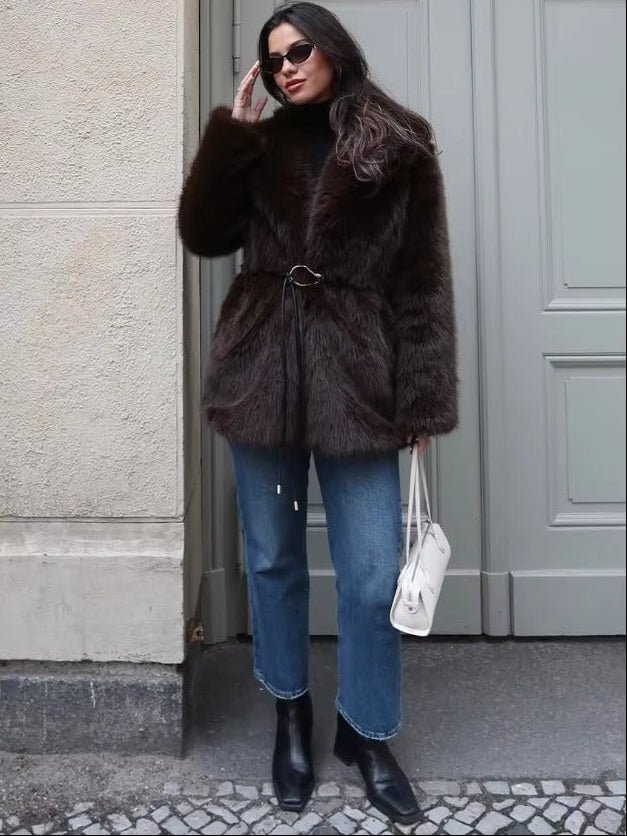 SOERA Faith Faux Fur Coat with Belt - Jackets - 3256807954805802-;da1763625122208615189 Dark Brown M
