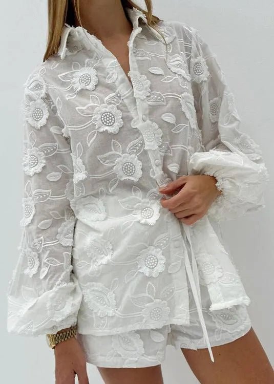 SOERA Beatrice Sheer Embroidered Shirt & High-Waist Shorts Set - Matching Sets - M