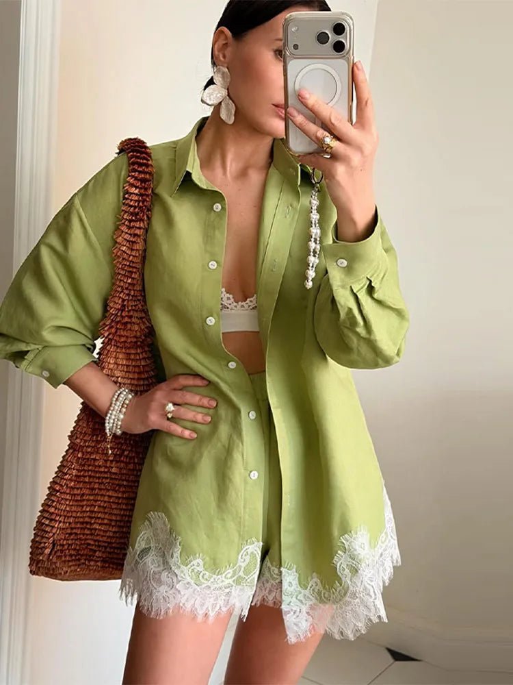 SOERA Celeste Lace Patchwork Beach Shirt Set - Matching Sets - Green S
