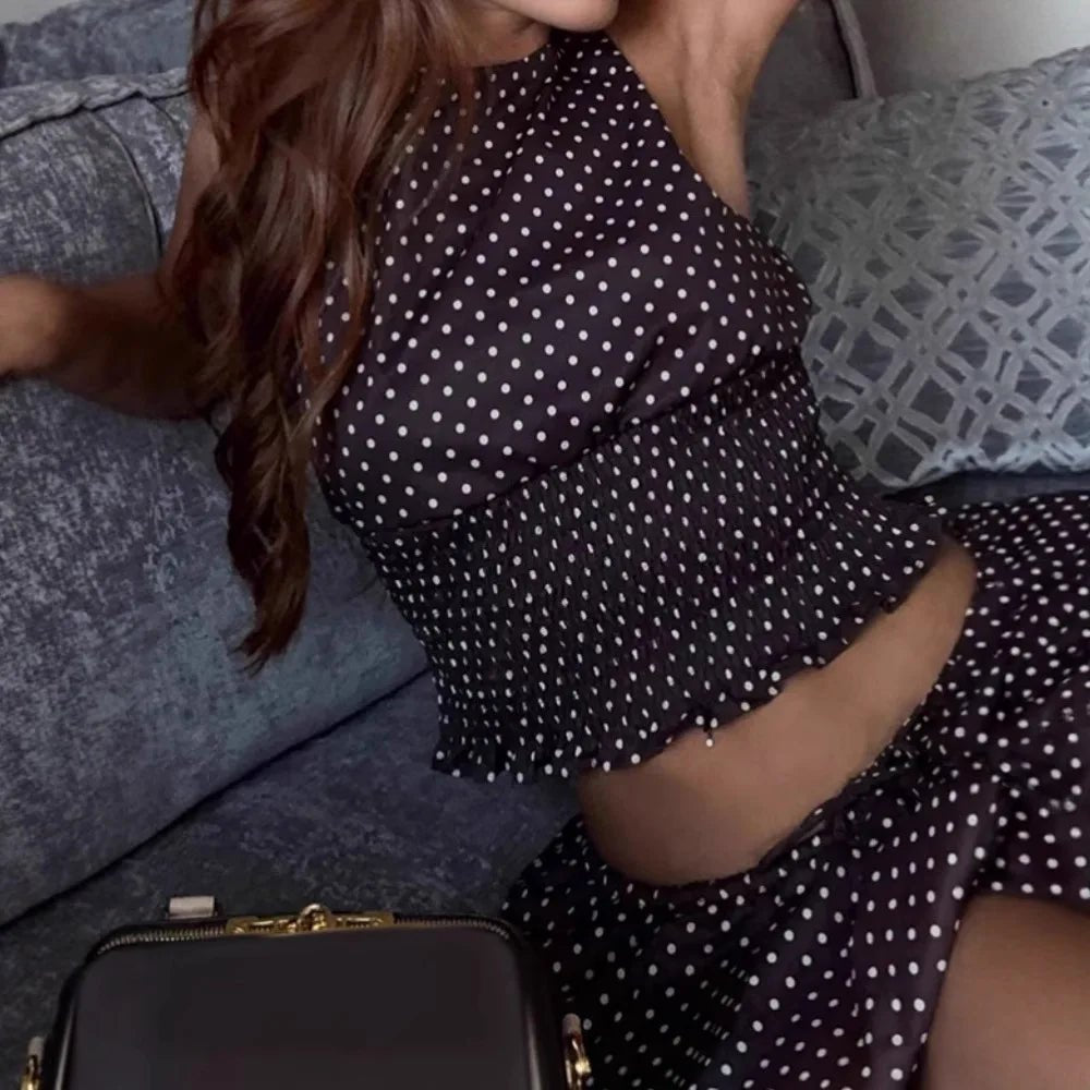 SOERA Enora Polka Dot Backless Top Lantern Skirt Set - Matching Sets - Brown S