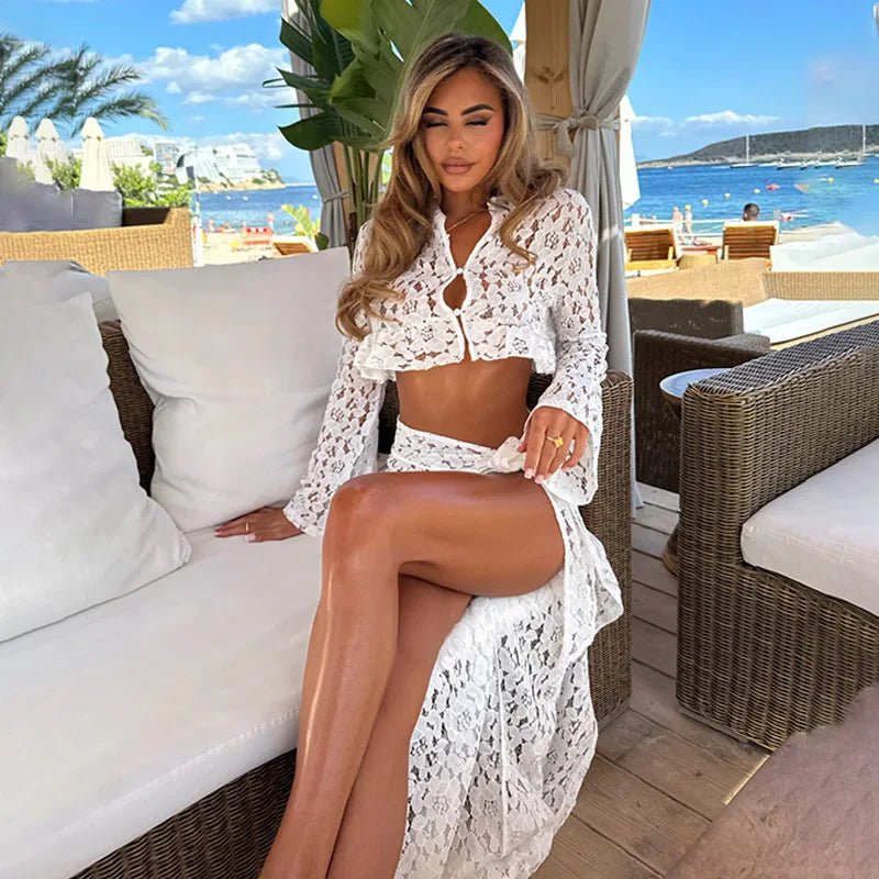 SOERA Ruth Crop Top Sarong Lace Cover - Up Set - Matching Sets - 1005009475693616-;TU1772135167058842158 White S