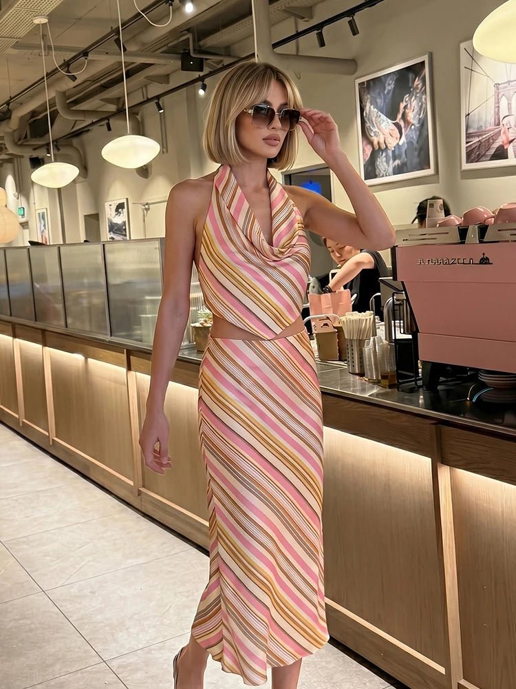 SOERA Sienna Bohemian Striped Satin Two-Piece Set - Matching Sets - Skirt XS