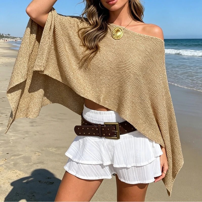 SOERA Bianca Shimmer Off-Shoulder Poncho Cape - Poncho - Black