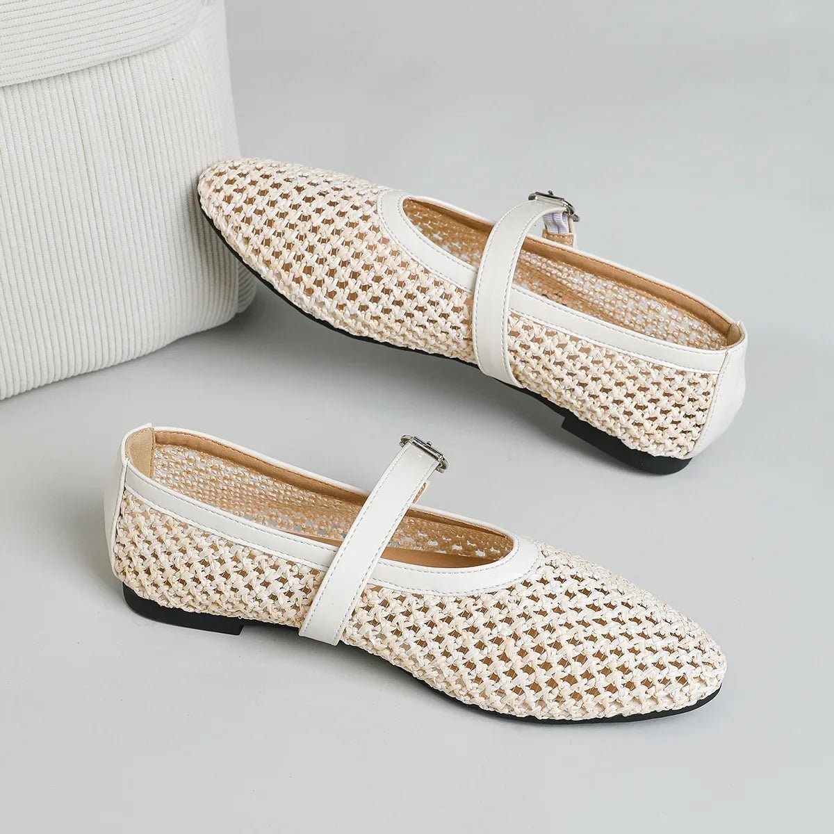 SOERA Beatrice Hollow Weave Mary Jane Flats - Shoes - Beige 35