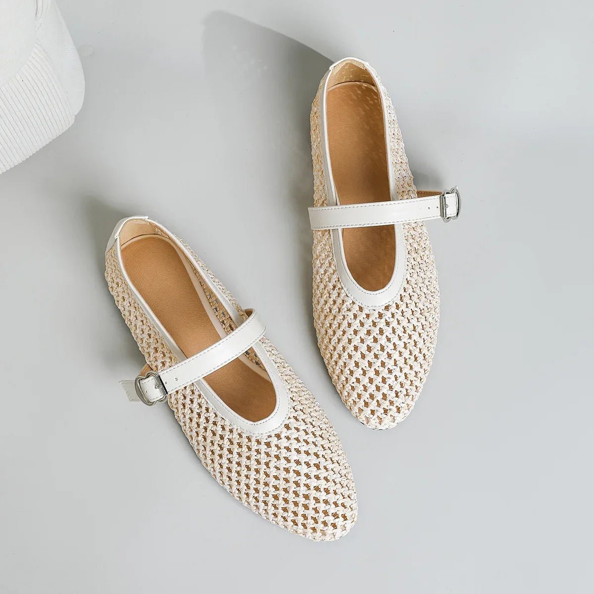 SOERA Beatrice Hollow Weave Mary Jane Flats - Shoes - Beige 36