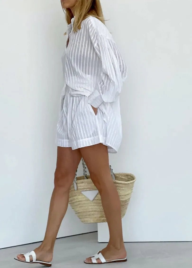 SOERA Bridget Striped Cotton Shirt and Shorts Set - Shorts - L
