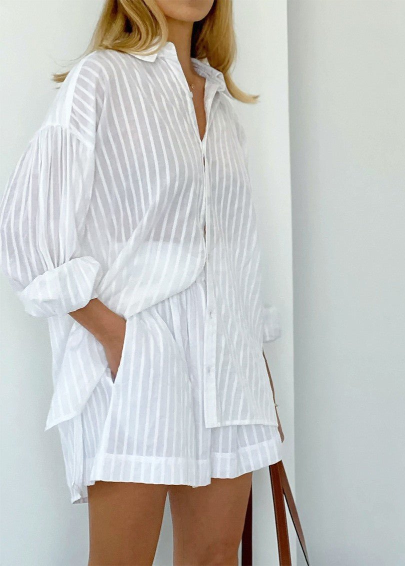 SOERA Bridget Striped Cotton Shirt and Shorts Set - Shorts - S