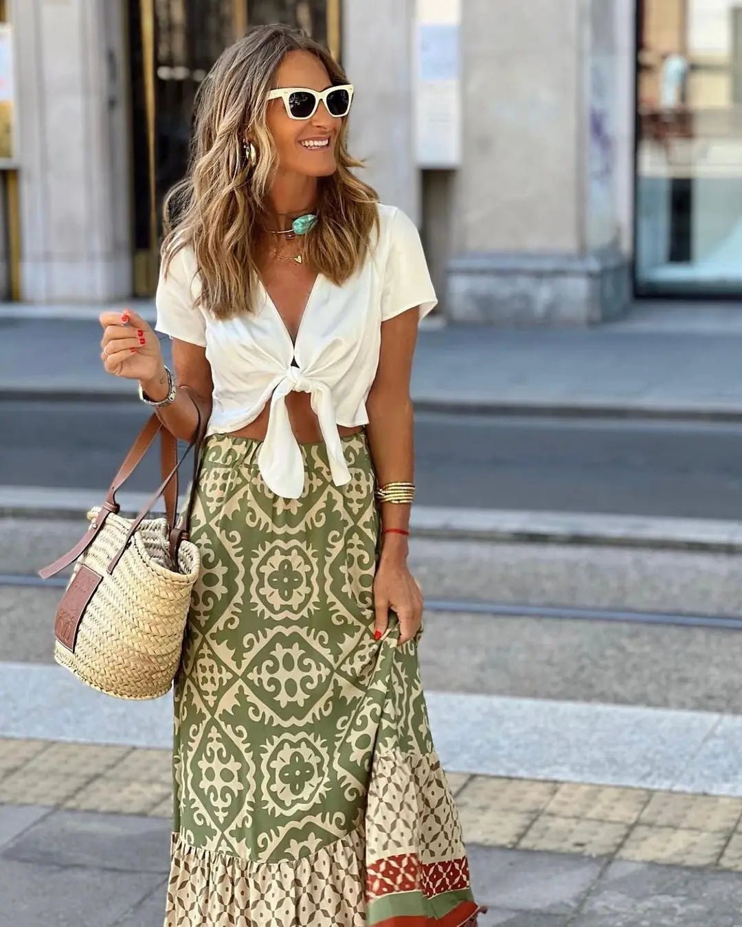SOERA Zara Boho Printed Midi Swing Skirt - Skirt - Olive M