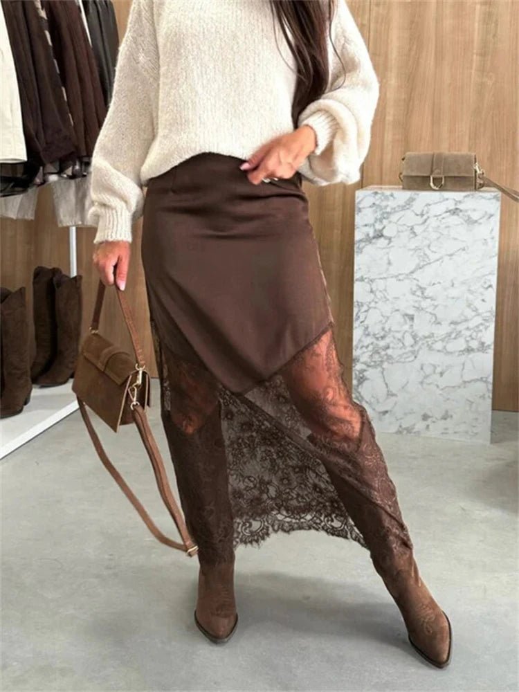 SOERA Diane Satin Lace Maxi Skirt - Skirts - 3256809822824212-;sA1765494891639558520 Brown S