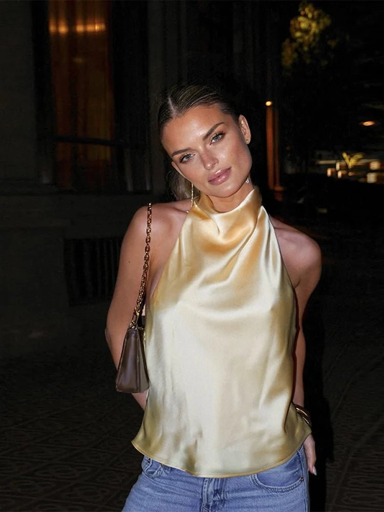 SOERA Anastasia Halter Backless Satin Top - Tops - Xq1764442362186949665 Yellow XS