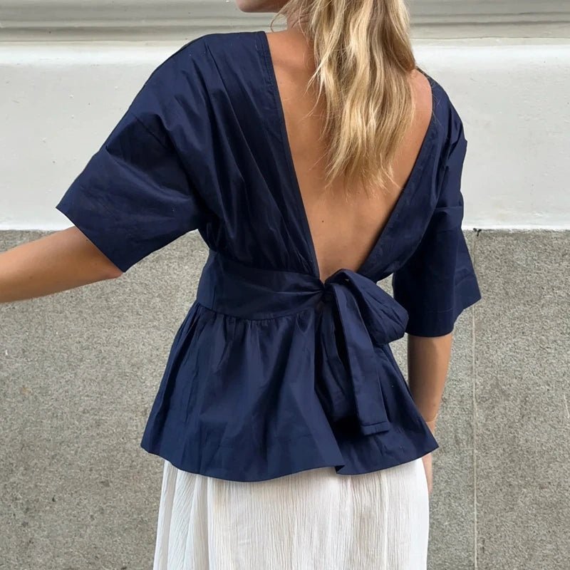SOERA Cecile Ruffled Backless Blouse - Tops - Navy S