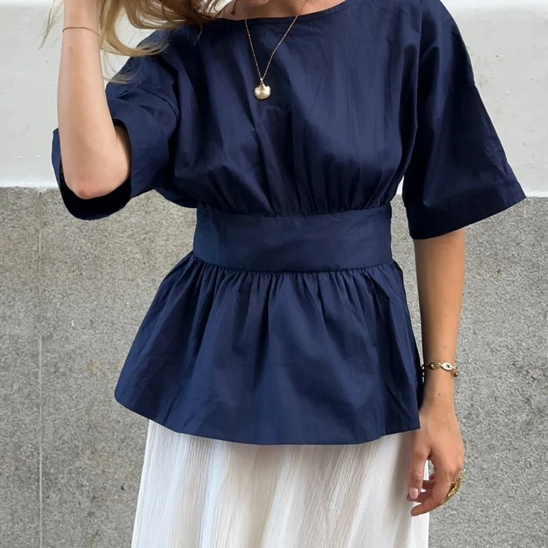SOERA Cecile Ruffled Backless Blouse - Tops - Navy S