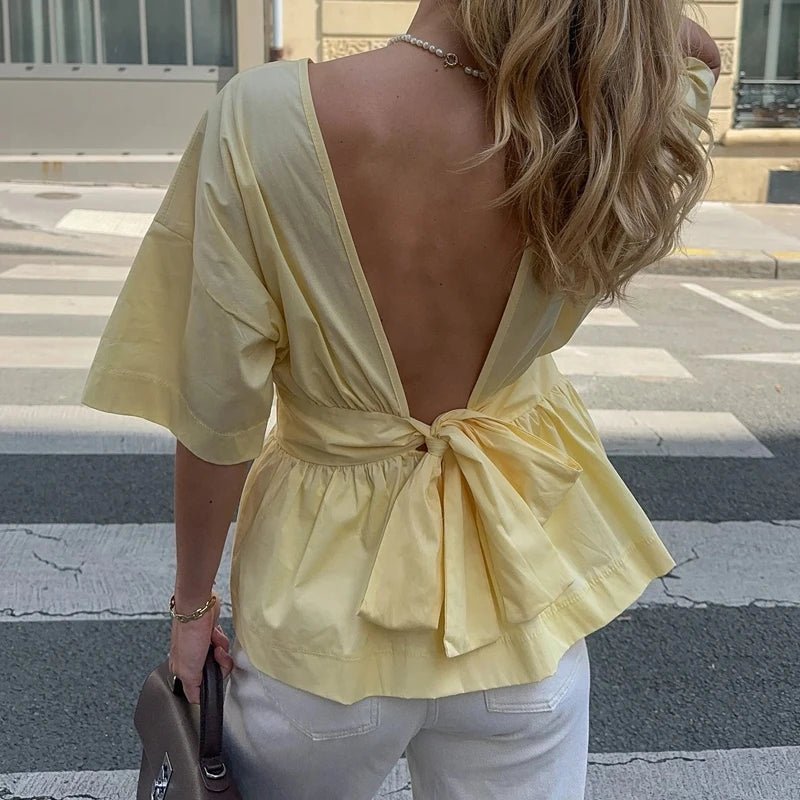SOERA Cecile Ruffled Backless Blouse - Tops - Yellow S