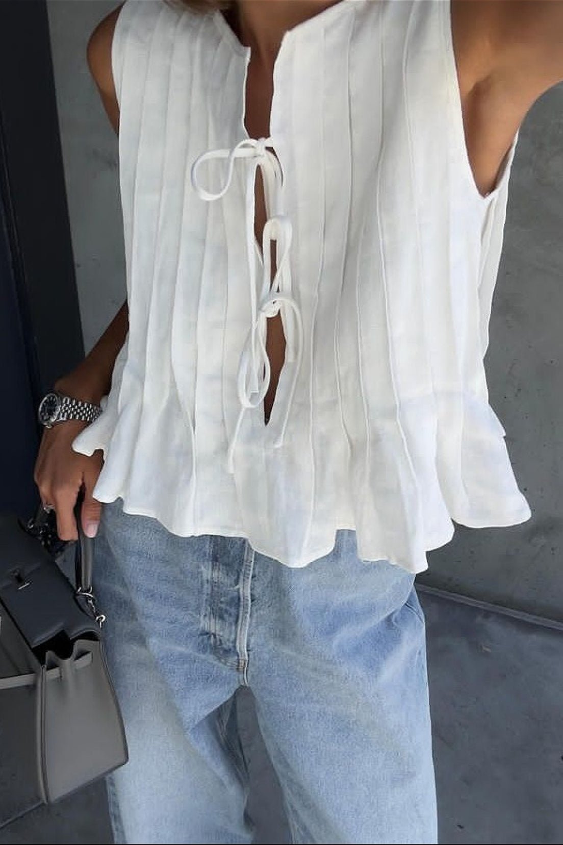 SOERA Honora Ruffle Hem Tie - Front Top - Tops - White XS