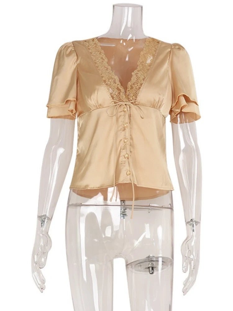SOERA Nathalie Satin Lace Blouse - Tops - Black M
