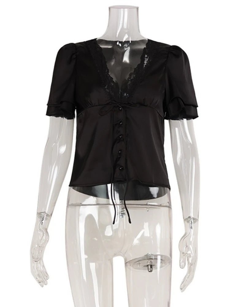 SOERA Nathalie Satin Lace Blouse - Tops - Black M