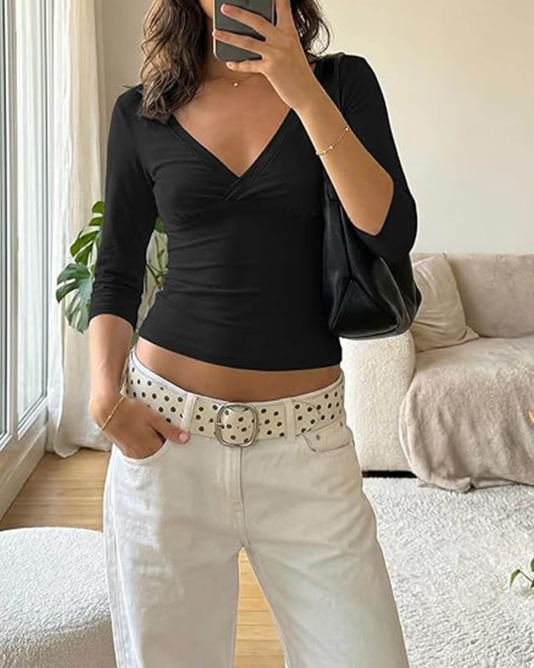 SOERA Sofia Deep V Midi Sleeve Tee - Tops - Black S