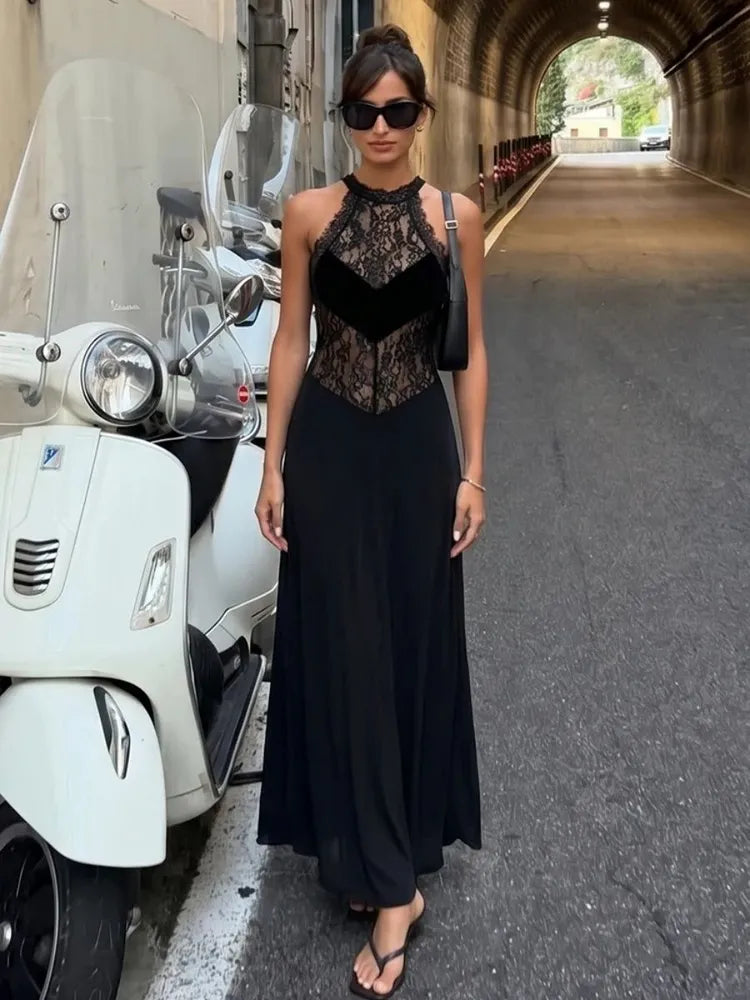 Lindsay przezroczysta koronkowa halter maxi sukienka