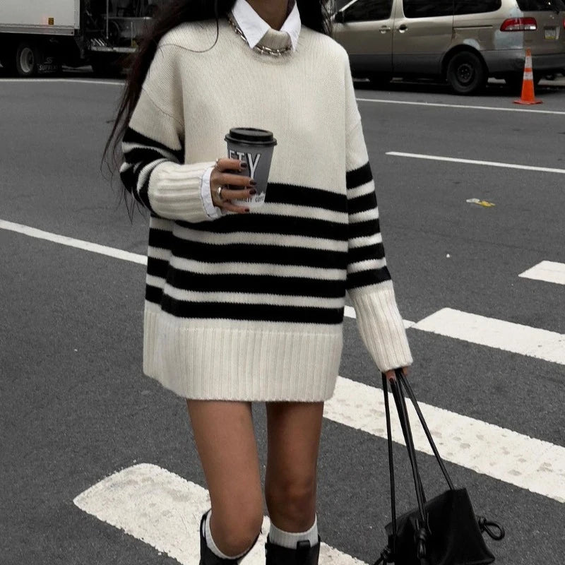 Black and White Striped Sweater for Women - Versatile Medium and Long Styles 1