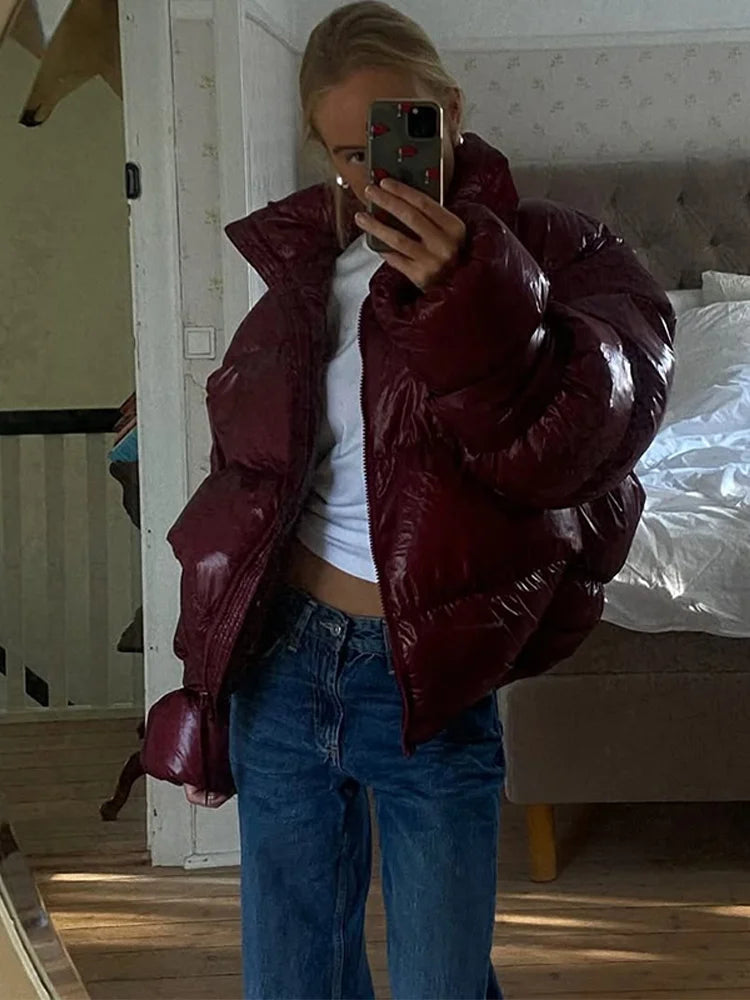 Burgundy Oversized Puffer Jacket Women - Trendy Winter Coat for Cold Days 2